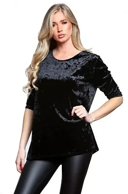 Women ¾ Sleeve Velvet Scoop Neck Tops Ladies Velvet T-Shirt  Loose Casual Tops • £12.99