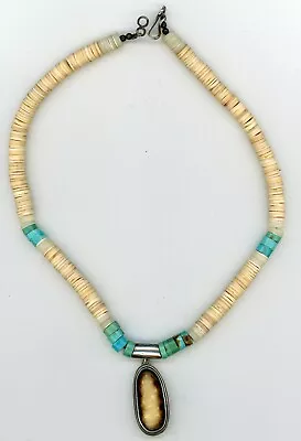 VTG Turquoise And Shell Heishi Necklace Native American Navajo Mammoth Pendant • $200