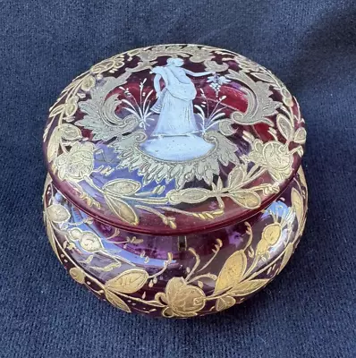 Bohemian Hand Painted Cranberry Glass Jewelry Trinket Box Mary Gregory Style • $129.99