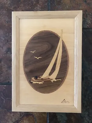 Hudson River Wood Inlay Marquetry Picture Sailboat By Nelson Vintage • $24.99