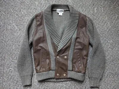 Vintage DEERSKIN Leather SHAWL Cardigan L Brown KNIT Wool Sweater • $79.95