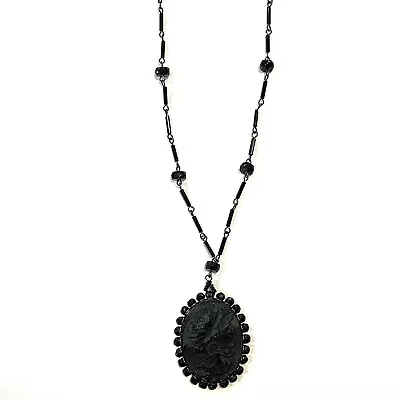 Black Vintage Carved Flower Cameo Pendant Beaded Mourning Necklace Victorian • $24