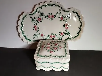 Vtg Vanity Dresser Tray And Trinket Box With  Roses And Green Leaves Porcalin • $18.95