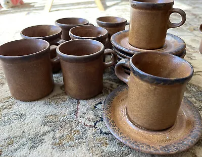 Vintage USA McCoy Pottery CANYON MESA Cup & Saucer Flair Edge ~ Set Of 8 • $70