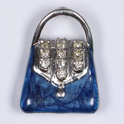 Vintage Blue Enamel Purse Handbag Rhinestones Sterling Silver Charm Pendant 3/4  • $22.95