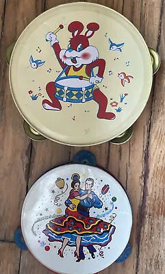 Lot Of 2 Vintage Tin Tamborines  Metal Toys Dancers And Rabbit Playing Drum • $12.03