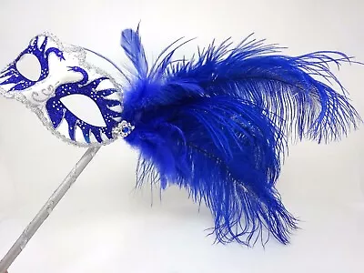 Blue & Silver Venetian Masquerade Ball Carnival Party Eye Mask Hand Held Stick • £16.99