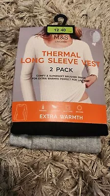 M & S Ladies 2pk Thermal Long Sleeves Vest Size Uk12 • £18.99