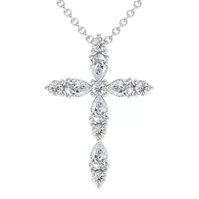 F/VS .75Ct Diamond Cross Round & Pear Shape 14k Gold Necklace Lab Grown 1  Tall • $422.75