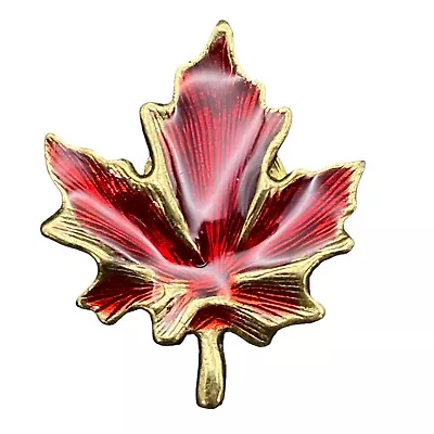 Vintage Maple Leaf Pin Red Guilloche' Goldtone 1-1/8  • $9.99