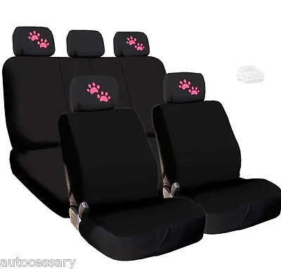 For VW New 4X Pink Paws Logo Headrest And Black Fabric Seat Covers  • $39.79