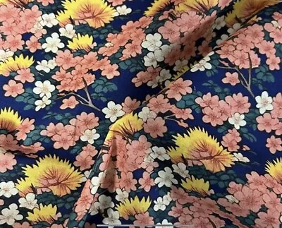 Japanese Navy Night Blossom Flowers  100% Cotton Fabric. Per Metre 1m X130cm • £4.25