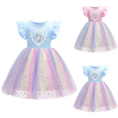 $29.49 • Buy Kids Baby Girls Unicorn Princess Dress Rainbow Tutu Tulle Party Birthday Dresses