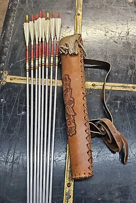 Vintage Handmade Leather Quiver 8 Carbon Feathered Arrows Flower Tulip Pattern  • $120