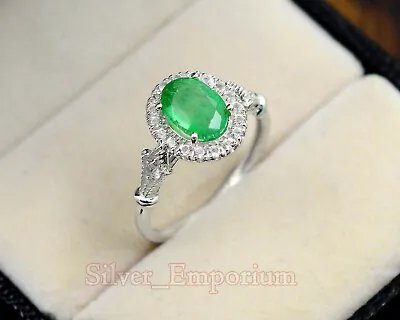 9X7MM Natural Zambian Emerald Gemstone 925 Solid Silver Wedding Ring For Women • $106.99