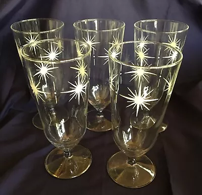 5 GLASSES Atomic Starburst Parfait Cocktail Crown Corning 60s Vintage Blue Tint • $64.95