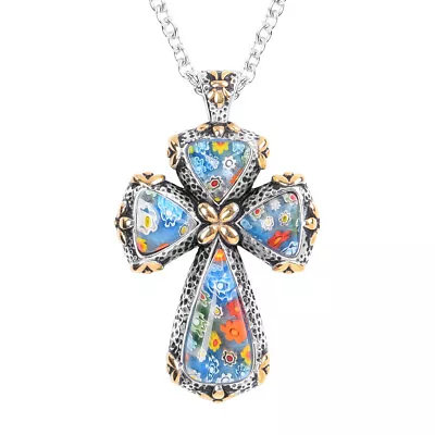 Murano Style Cross Necklace Colorful Daisy Flower ION Yellow Gold Plated 20  • $17.30