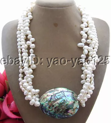 4Strds White Pearl Necklace Abalone Shell  Pendant Necklace 19  • $33.25