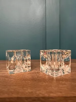 VTG Crystal “Ice Cube” Taper Candle Holders MCM 8 Oz Each 2” All Dimensions • $21