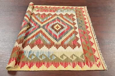 3'x3' Square Southwestern Kilim Diamond Shape Turkish Hand-Woven Navajo Area Rug • $117