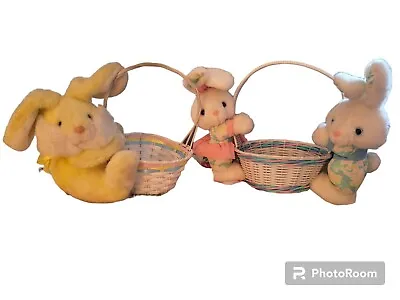 Vintage Easter Basket Plush Bunny On A Plastic Basket From The 90s Pastel • $12