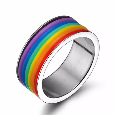 Striped Rainbow Ring Gay Lesbian Men Pride Ring Stainless Steel Band Jewelry • £3.23