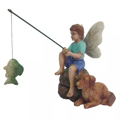 Mini Fishing Fairy Boy & Dog Figurine Garden Accessory Dollhouse Decor Ornament • $17.49