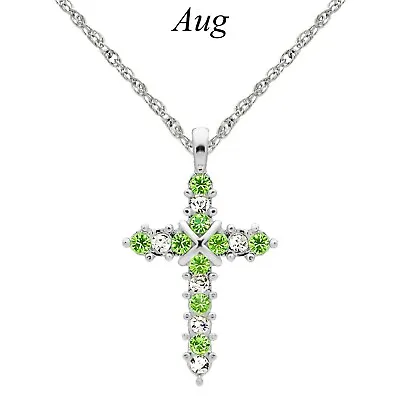 $13.99 • Buy Forever Silver Austrian Crystal Birthstone Cross Necklace 15 - 18  Adj Chain AUG