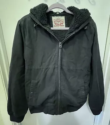 Levis Black Canvas Coat Sherpa Lined Hooded Work Bomber Jacket Men’s Small • $25