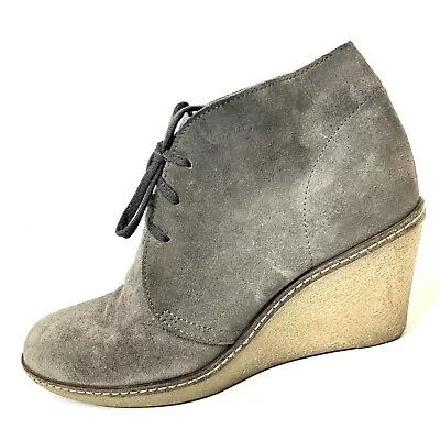 J Crew Macalister Gray Wedge Boots Sz 8 Suede Ankle Booties Lace Up Italy • $21.99