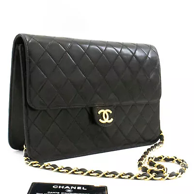 CHANEL Chain Shoulder Bag Clutch Black Quilted Flap Lambskin Purse K36 • $4190