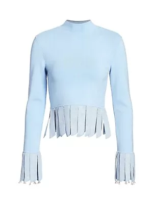 $125 • Buy STAUD NWT $165 Women's Joplin Fringe, Faux Pearl Trim Sweater, Ice Blue, S