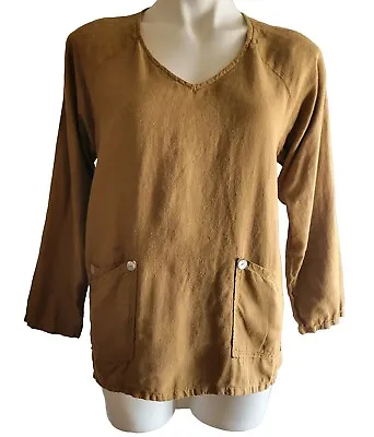 Match Point Women's Size SMALL Linen Mustard Brown 3/4 Slv V-Neck Tunic USA Made • $18.50