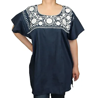 Navy Blue Peasant Puebla Hand Embroidered Mexican Blouse Top Medium • $26.99