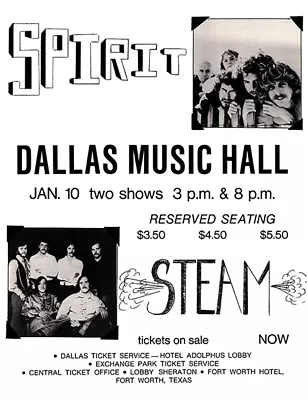 Spirit - Steam - Dallas Music Hall - 1970 - Concert Poster • £9.64