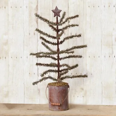 Primitive Farmhouse Christmas PINE TREE IN AGED BUCKET Rusty Star Can 24  NEW • $29.90