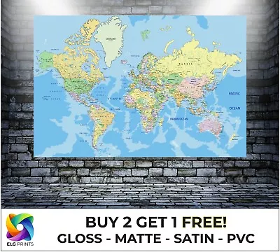 LAMINATED World Map Atlas Detailed Large Poster Wall Art Print Gift A1 A2 A3 A4 • £14.99