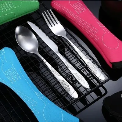 3 Piece Cutlery Set With Pink Bag Camping Hiking Etc • £5.50