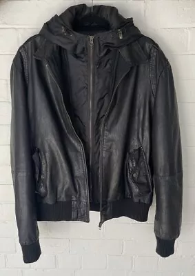 Zara Man XL Extra Large Black Leather Jacket With Removable Zip Off Hood • $99