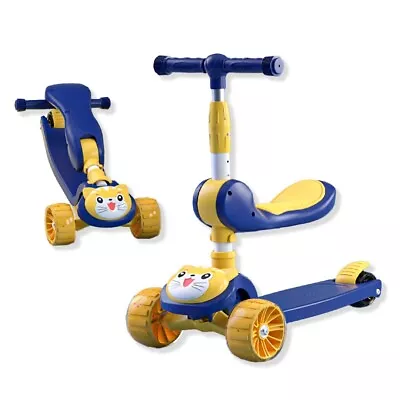 Kids Push Scooter Adjustable Height LED Flashing 3 Wheels Removable Seat Blue • £27.49