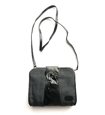 VALENTINO Garavani Vintage Navy Blue/Black Canvas Patent Leather Shoulder Bag • $81.20