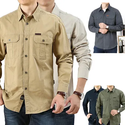 Men Military Army Shirts Casual Tactical Work Button Pocket T Shirt Long Sleeve • £14.99
