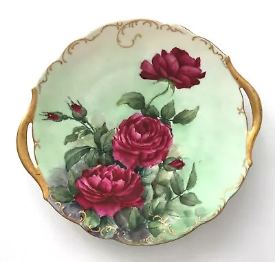Antique Limoges ROSE CAKE PLATE Hand Painted Red Green Gold Handle T&V France • $78