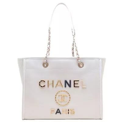 CHANEL Deauville MM Medium Chain Tote A67001 Calfskin Ivory/450264 • $7539