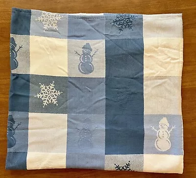 Vtg Snowman Snowflake Table Cloth Christmas 100% Cotton Blue & White 60x48 H1 • $35