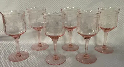 $24.99 • Buy 6 Morgantown Pink Wine Glasses Morgana Etched Floral Depression Glass Drinkware