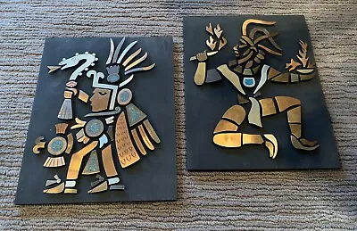 Pair Los Castillo Style Mexico Wall Warrior Plaques Mixed Metals Turquoise • $325