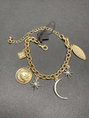 Silver & Gold Time Crescent Moon And Star Charm Bracelet 7-9”  New With Tag • $22