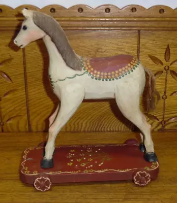 Vintage 1980s Folk Art Carved Wood Horse On Wheels -  J&ML  • $69.99