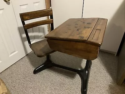 Vintage Child's School Desk Flip Top Attached Swivel Seat Oak Wood Top Steel • $399.99